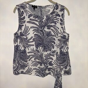 Talbots Shirt Womens 8 White Blue Blouse Tied Hem Sleeveless Round Neck Ladies